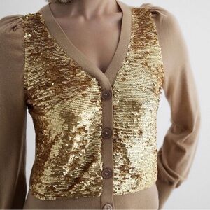 NWT Express Women’s ‘Sequin Long Sleeve Button-Front Cardigan Sweater Top’ Gold